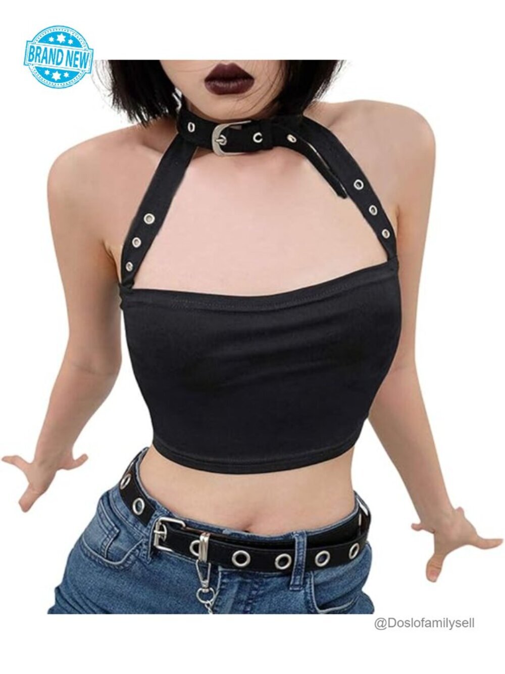 Sexy Halter Neck Crop Tube Top with Choker Buckle for Rave Party
